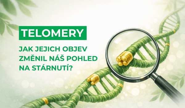 Obrázek s lupou na DNA a textem "Telomery: Jak jejich objev změnil náš pohled na stárnutí?"